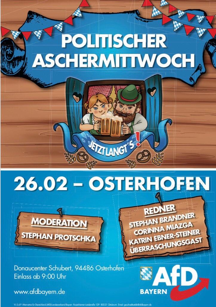 Politscher Aschermittwoch der AfD in Osterhofen am 26.02.2020 ab 9.00 Uhr 